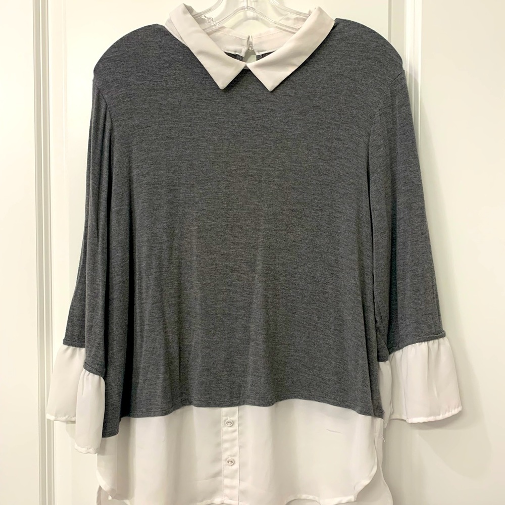 Grey and white collared long sleeve blouse